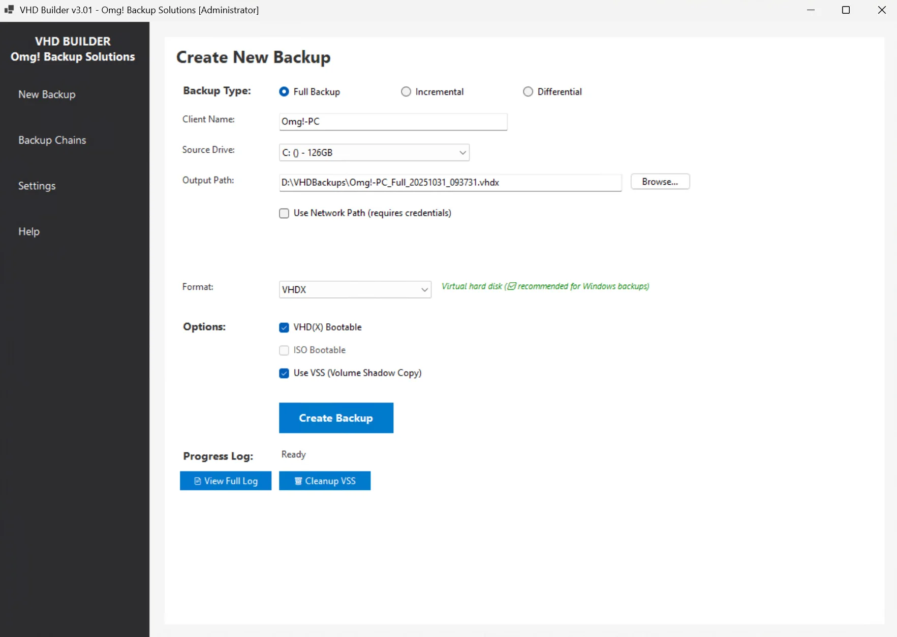VHD Builder - Create New Backup